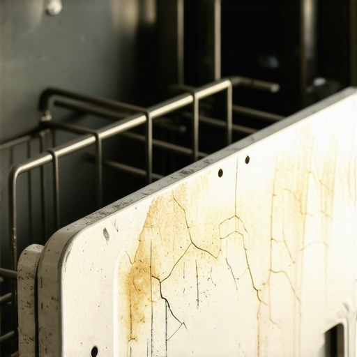 A technician inspecting a burnt heating element at the bottom of a dishwasher tub.