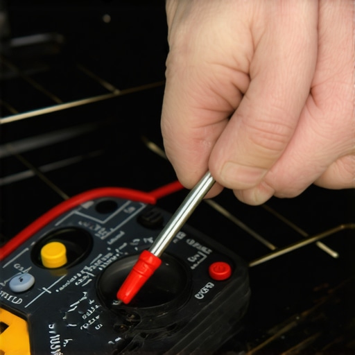 Testing the resistance of an oven heating element using a digital multimeter to identify electrical faults.