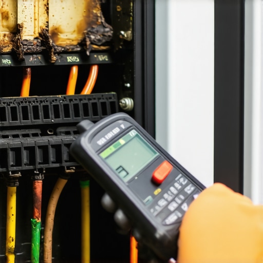 Close-up of a scorched electrical terminal block on the back of an oven with a multimeter probe.