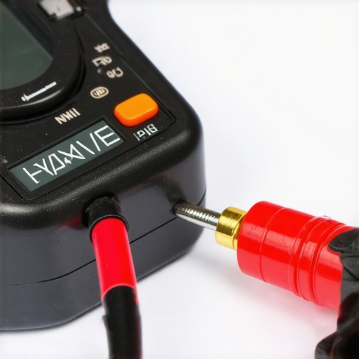 Close up of a multimeter testing an oven sensor probe for electrical continuity