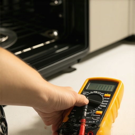 A person testing a black oven bake element for continuity using a multimeter.