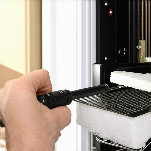 A technician unscrewing a faulty bake element from the rear of an oven cavity.