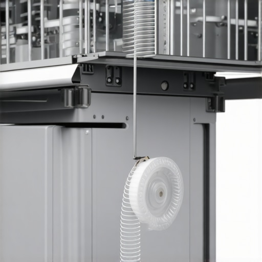 Close-up of a dishwasher door tension spring and cable mechanism for adjustment.