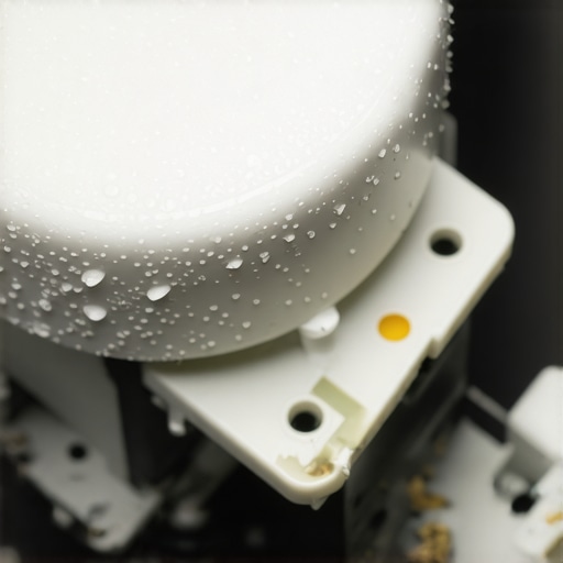A close-up of a dirty dishwasher float switch showing hard water deposits.
