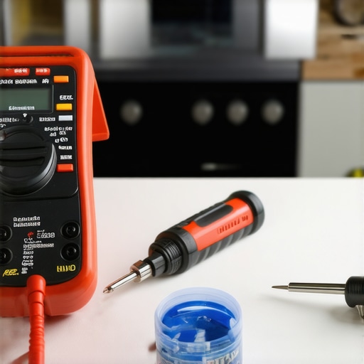 Close up of a multimeter and nut driver on a kitchen counter for oven and dishwasher repair.