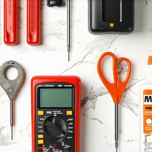 Tools for oven and dishwasher maintenance including a multimeter and lubricant.