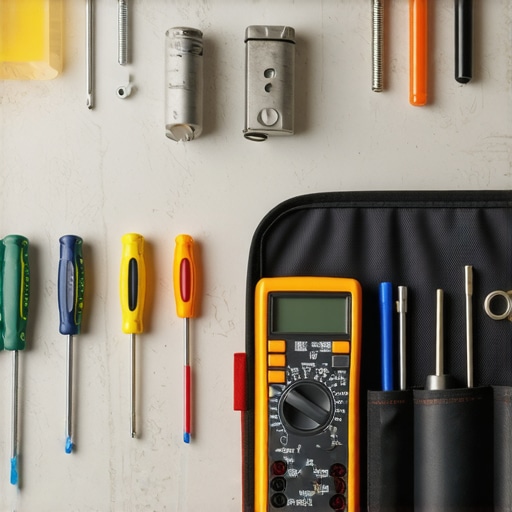 Tools for oven and dishwasher repair including a multimeter and nut drivers.