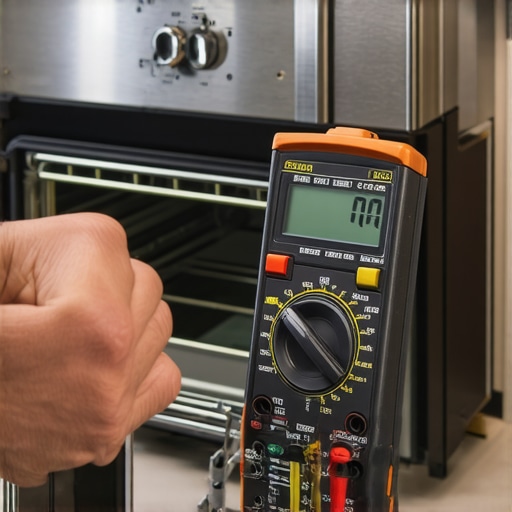 Close up of a multimeter testing an oven heating element next to a socket set and inspection mirror