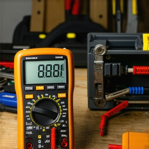 A digital multimeter showing an Ohms reading for dishwasher diagnostics on a workbench