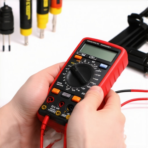 Hands using a multimeter to test an appliance part for electrical continuity.