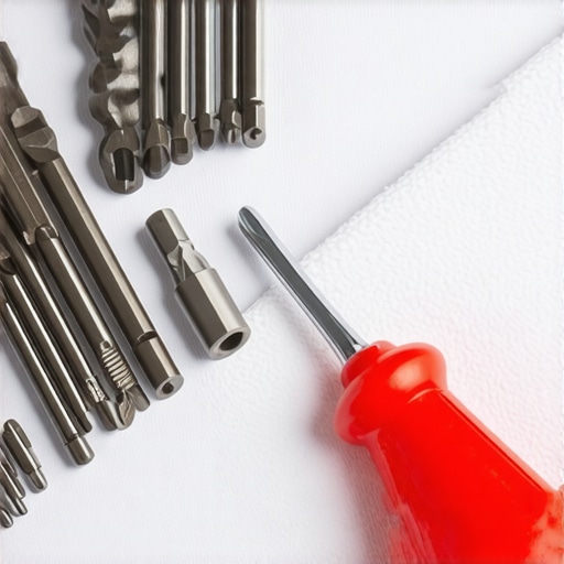 Close-up of professional screwdriver bits and pry tools for appliance repair next to a glass oven door.