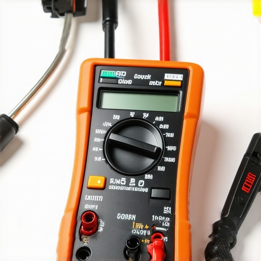 A digital multimeter and nut driver being used for appliance diagnostics on a kitchen counter.