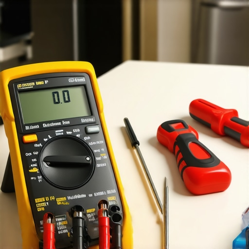 Professional appliance repair tools including multimeter and offset screwdrivers on a kitchen counter.