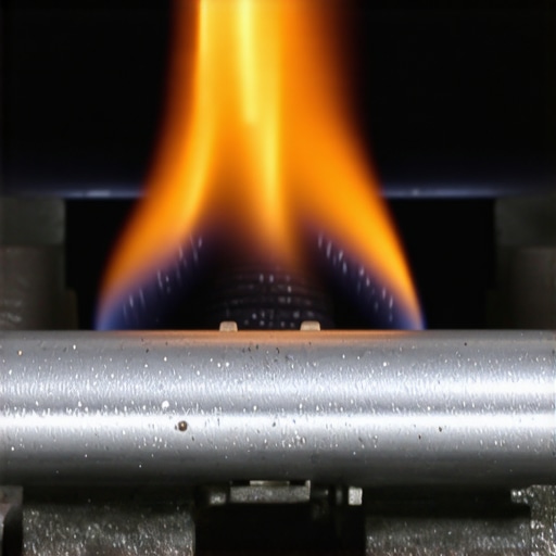 A glowing orange gas oven igniter next to a metal burner tube inside an oven cavity.