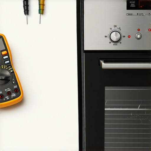 A digital multimeter being used to test the resistance of oven components for repair.