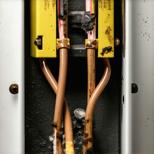 A detailed view of electrical damage and scorching on an oven's rear terminal block.