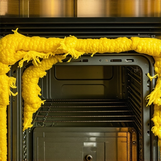 Degraded yellow fiberglass insulation sagging on the side of a metal oven cavity