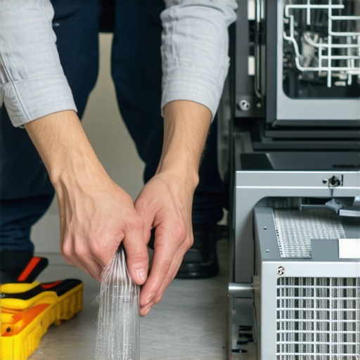 Hands checking a dishwasher spray arm and filter for clogs and loose parts
