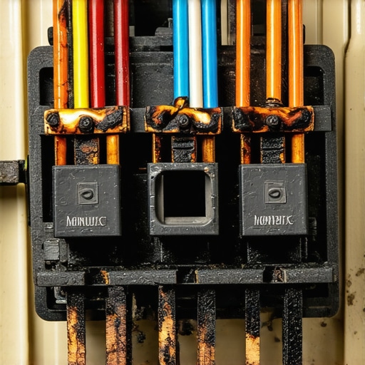 Close-up of a damaged and scorched electrical terminal block on an oven