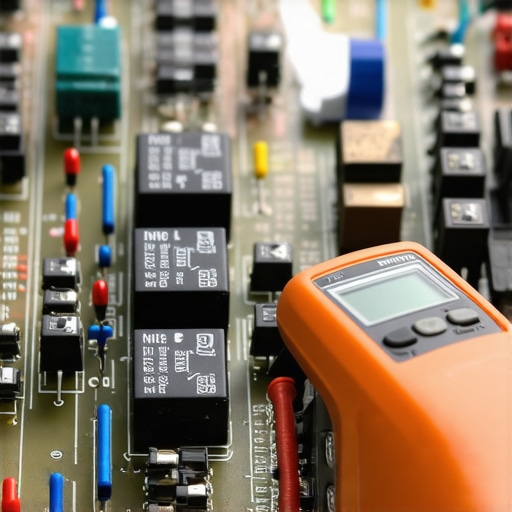 Close-up of a multimeter testing an oven control board relay with visible burn marks.