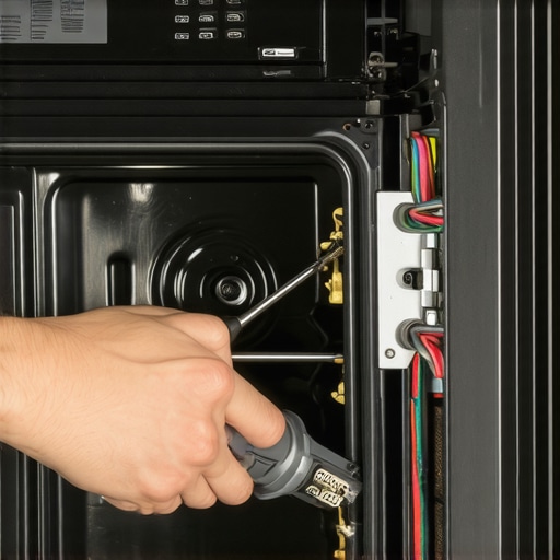 Technician removing an oven back panel to fix a buzzing cooling fan