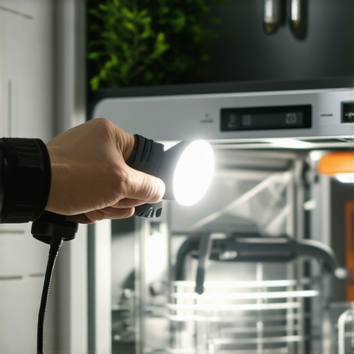 A technician checking a dishwasher float switch for debris with a flashlight