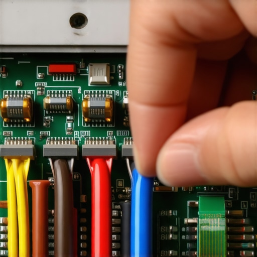 A technician inspecting the ribbon cable and capacitors on an oven control board.