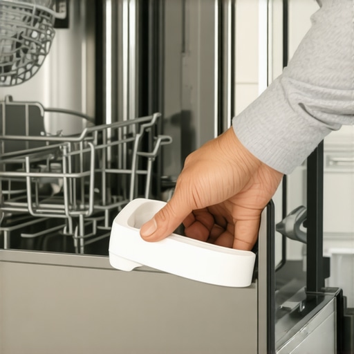 Close up of a hand checking a dishwasher float switch for debris and movement.