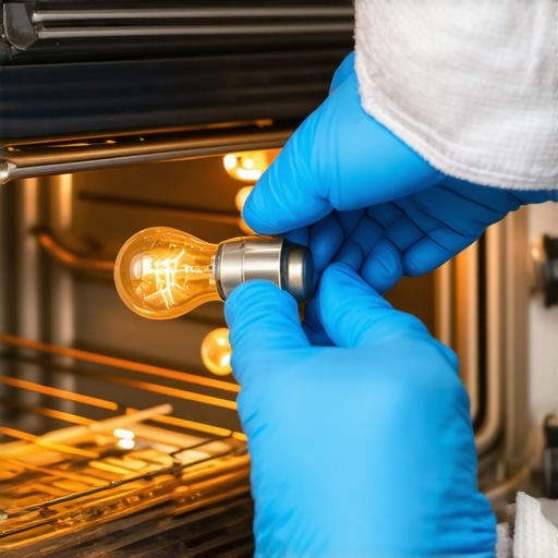 A technician installing a specialized appliance bulb into an oven socket while wearing gloves to prevent oil transfer.