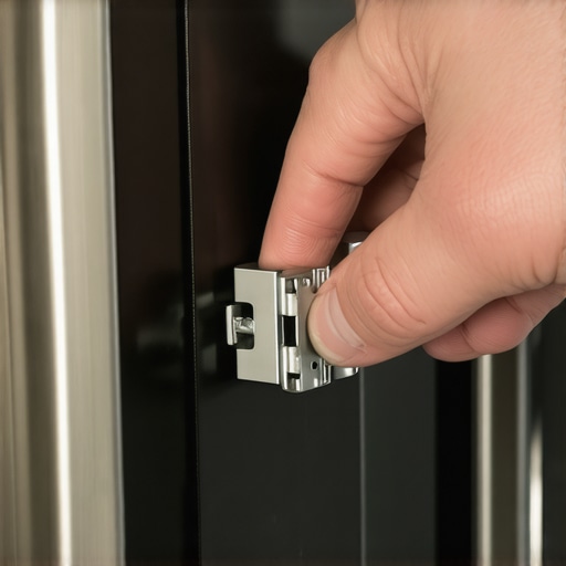 A person demonstrating how to flip the locking latches on oven hinges before removing the door for cleaning.