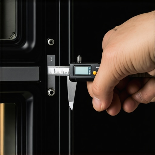 A technician measuring the top gap of a closed oven door using a digital caliper for precise alignment.