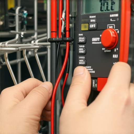 A close-up of a technician using a multimeter to test a dishwasher heating element for resistance to ensure it is functioning correctly.