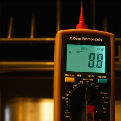 Testing oven temperature with a multimeter and thermocouple probe for accuracy.