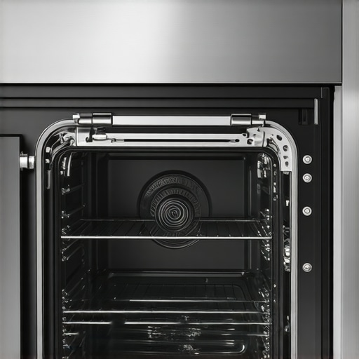 Close-up of an oven door hinge and tension spring located behind the side panel for repair.