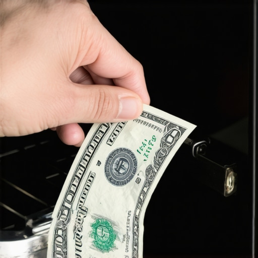 Person testing oven door seal with a dollar bill