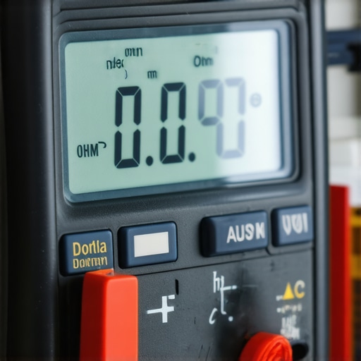 A digital multimeter being used to measure the resistance of a dishwasher component to ensure it meets manufacturer specifications.