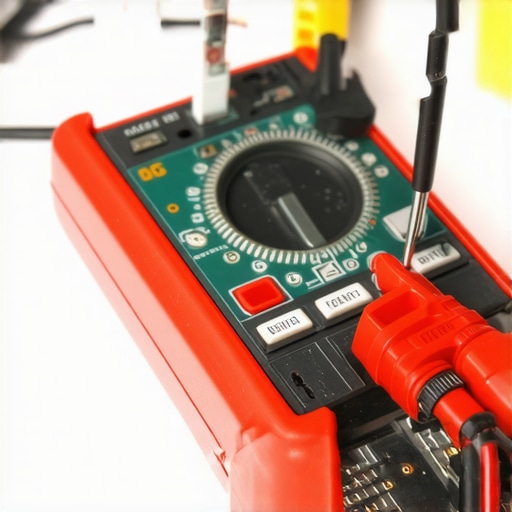 A digital multimeter being used to test an oven control board with precision probes.