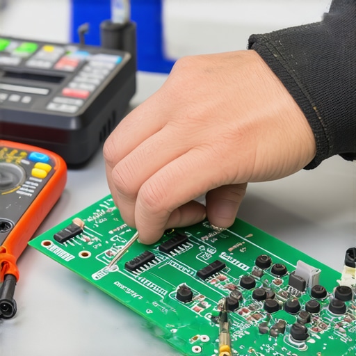 Technician wearing an anti-static strap while repairing an oven control board to avoid circuit damage.