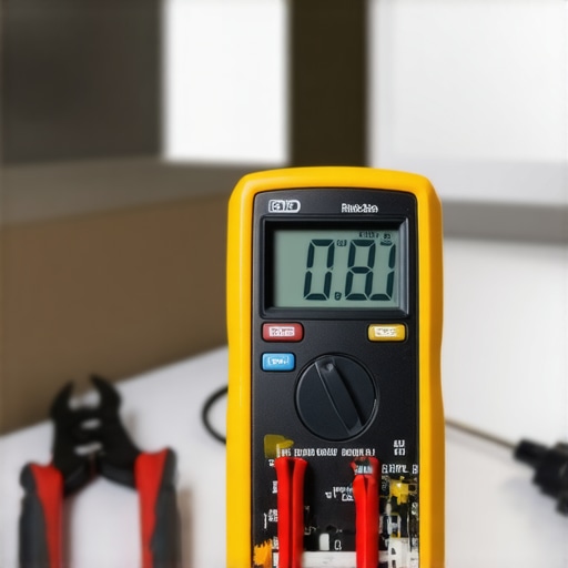 Testing dishwasher electrical components with a digital multimeter on a kitchen floor.