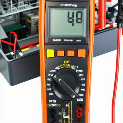 A digital multimeter being used to test the continuity of a dishwasher heating element.
