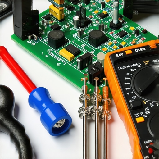 A technician using a multimeter to test a dishwasher control board on a workbench.