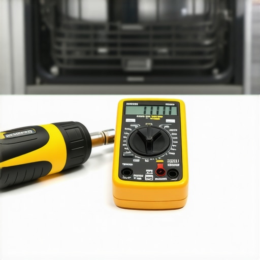 A multimeter and nut driver used for dishwasher and oven diagnostics.