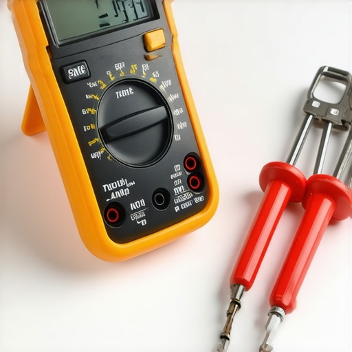 A digital multimeter testing an oven temperature sensor with hand tools nearby on a counter.
