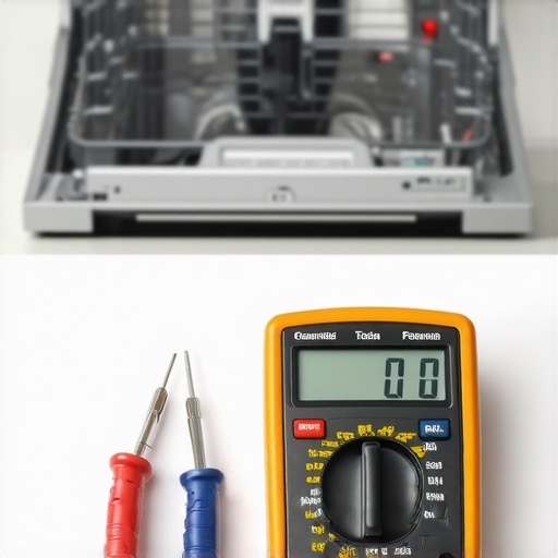 A digital multimeter being used for dishwasher and oven diagnostics on a kitchen counter.
