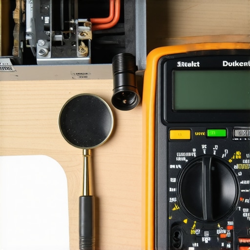 A digital multimeter measuring an oven heating element on a repair bench.