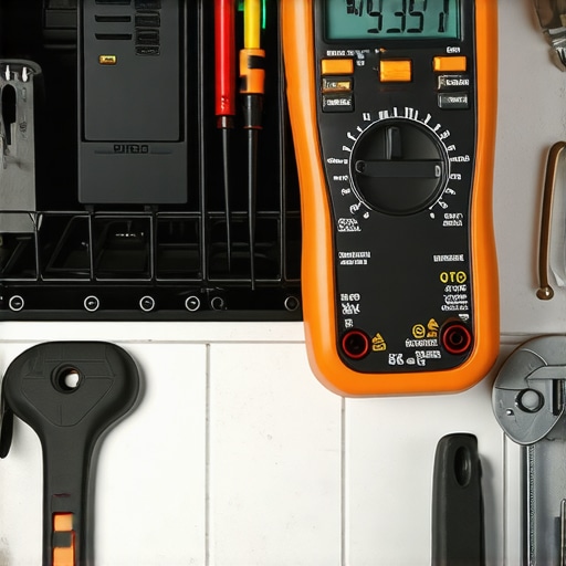 Professional Diagnostic Tools for Kitchen Appliances A digital multimeter and specialized tools used for diagnosing dishwasher and oven repairs on a kitchen counter.