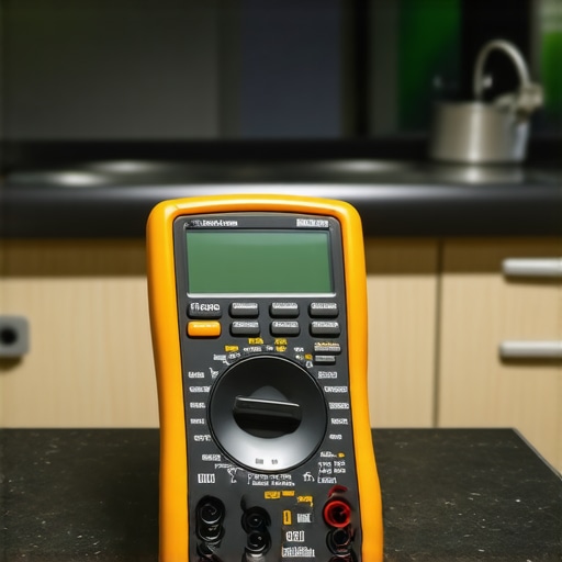 A digital multimeter used for testing appliance electrical components on a kitchen counter.
