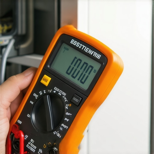 Technician using a multimeter to test resistance on a dishwasher wiring harness