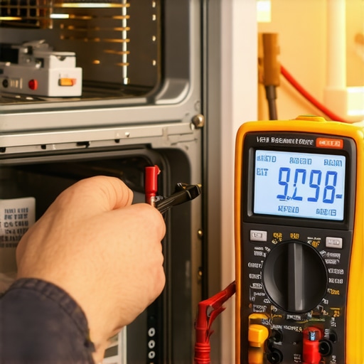 Professional Multimeter Testing Oven Components A digital multimeter being used to measure resistance on an internal oven heating element for diagnostic purposes.