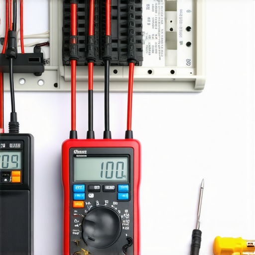 Close-up of a digital multimeter testing the terminal block at the back of an electric oven